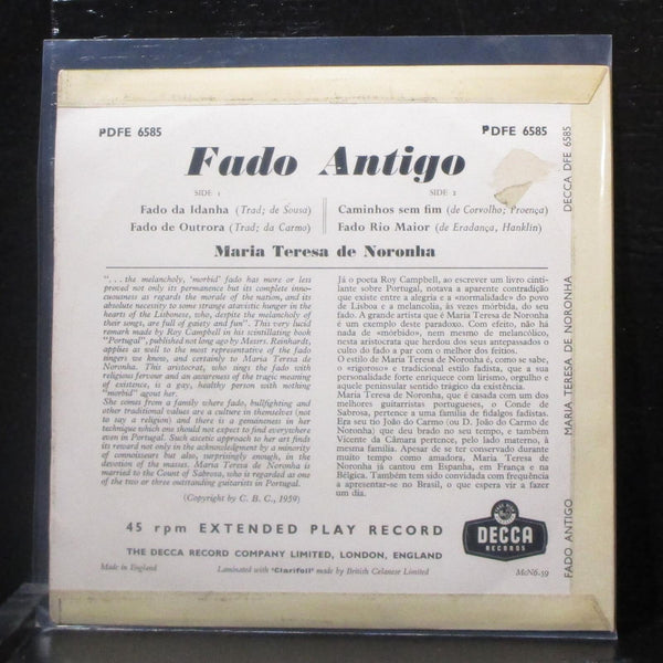 Maria Teresa de Noronha - Fado Antigo EP 7" VG+ Vinyl 45 Decca DFE 6585 Portugal - Shuga Records