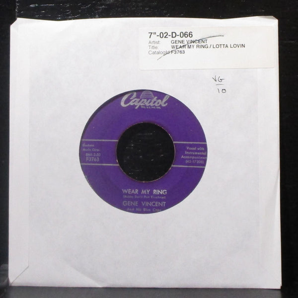 Gene Vincent - Wear My Ring / Lotta Lovin' 7" VG Vinyl 45 Capitol F3763 USA 1957 - Shuga Records