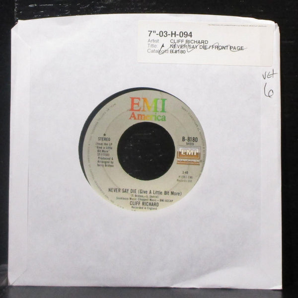 Cliff Richard - Never Say Die / Front Page 7" VG+ Vinyl 45 EMI B-8180 USA 1983 - Shuga Records