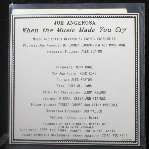 Joe Angerosa - When The Music Made You Cry 7" Mint- Signed Vinyl 45 WRA3-290 - Shuga Records
