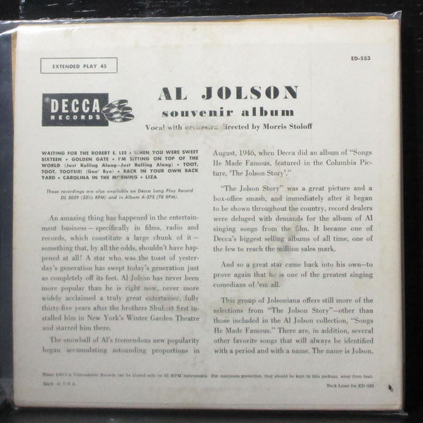 Al Jolson - Souvenir Album EP 2x7" VG+ Vinyl 45 Decca ED-583 USA 1953 - Shuga Records