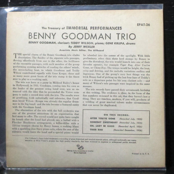 Benny Goodman Trio - A Treasury Of Immortal Performances EP 7" VG Vinyl 45 RCA - Shuga Records