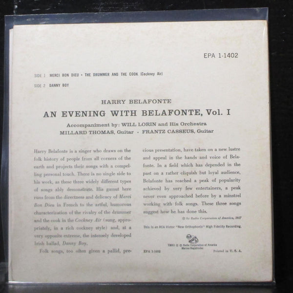 Harry Belafonte - An Evening With Belafonte, Vol. 1 EP 7" VG+ Vinyl 45 RCA USA - Shuga Records