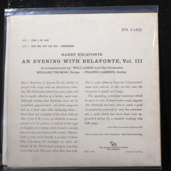 Harry Belafonte - An Evening With Belafonte, Vol. 3 EP 7" VG+ Vinyl 45 RCA USA - Shuga Records