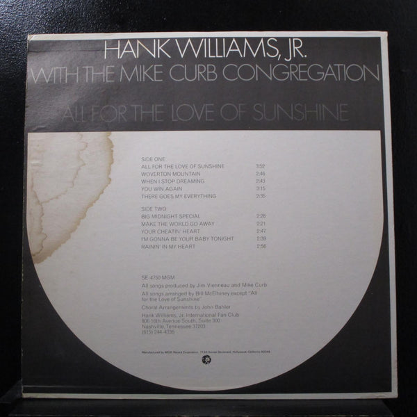 Hank Williams Jr & Mike Curb - All For The Love Of Sunshine LP VG+ SE 4750 Vinyl - Shuga Records