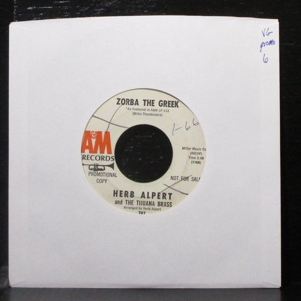 Herb Alpert - Zorba The Greek / Tijuana Taxi 7" VG Promo Vinyl 45 A&M 787 USA - Shuga Records