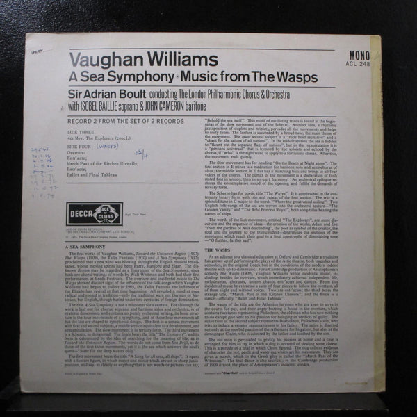 Williams, Boult, Baille, Cameron - A Sea Symphony / The Wasps LP VG+ ACL.247 UK - Shuga Records