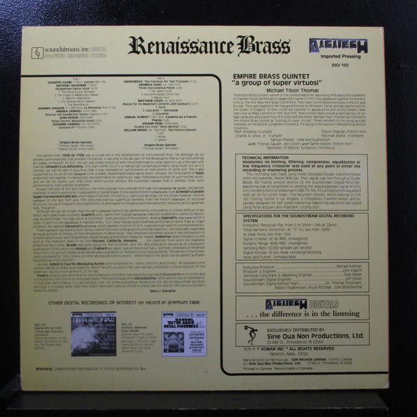 The Empire Brass Quartet - Renaissance Brass LP Mint- DIGI 102 USA 1979 Record - Shuga Records