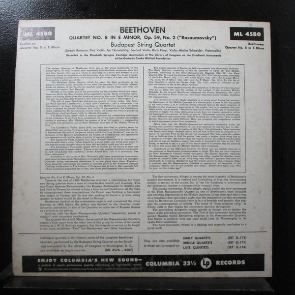 Budapest String Quartet - Beethoven Quartet 8 In Em LP Mint- ML 4580 Grey 6i - Shuga Records