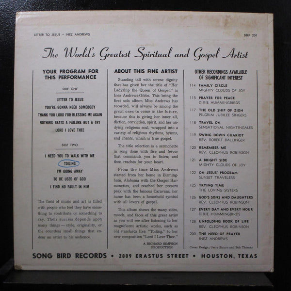 Inez Andrews - Letter To Jesus LP VG+ LRS 11142 USA 1966 Vinyl Record - Shuga Records