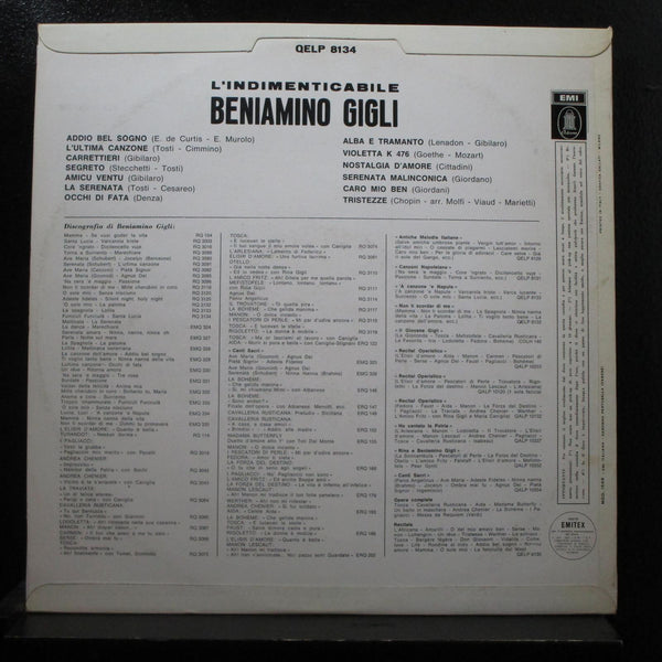 Beniamino Gigli - L'Indimenticabile LP Mint- QELP 8134 Italy Mono Vinyl Record - Shuga Records