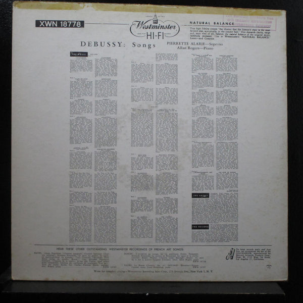 Debussy, Pierrette Alarie - Pierette Alarie Sings Debussy LP VG+ XWN 18778 Mono - Shuga Records