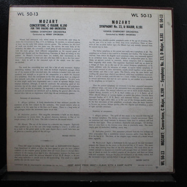 Mozart - Concertone, C Major / Symphony No. 23, D Major LP VG+ WL 50-13 Mono - Shuga Records