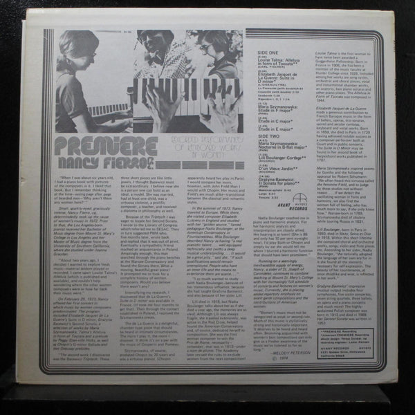 Nancy Fierro - Premiere: Performances Of Keyboard Works By Women LP VG+ AV 1012 - Shuga Records