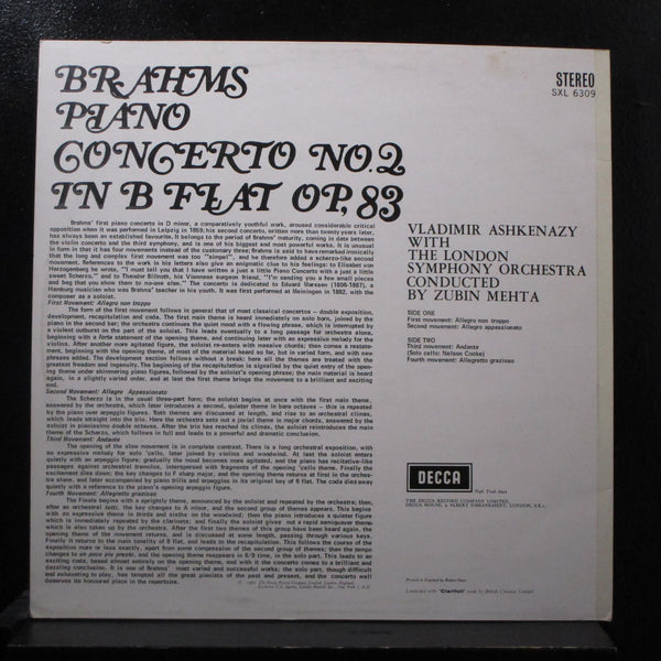 Brahms, Ashkenazy, Mehta - Piano Concerto No. 2 LP Mint- SXL 6309 UK FFss Vinyl - Shuga Records