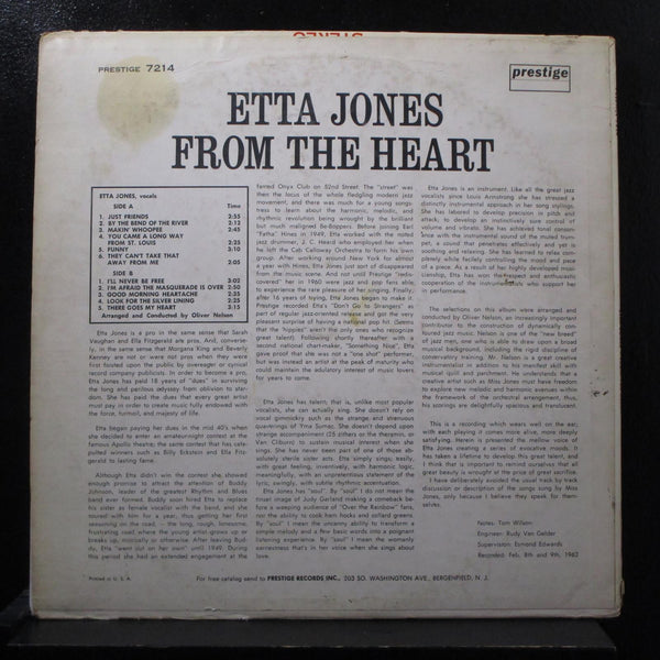Etta Jones - From The Heart LP VG+ PRLP 7214 Yellow Label 1st Mono Van Gelder - Shuga Records