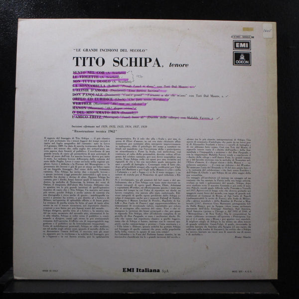 Tito Schipa - Le Grandi Incisioni Del Secolo LP VG+ 3C 061-00916 Italy Mono - Shuga Records