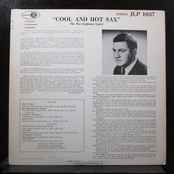 Moe Koffman Quartette & Septette - Cool & Hot Sax LP VG+ JGM 1037 Mono Black Lbl - Shuga Records