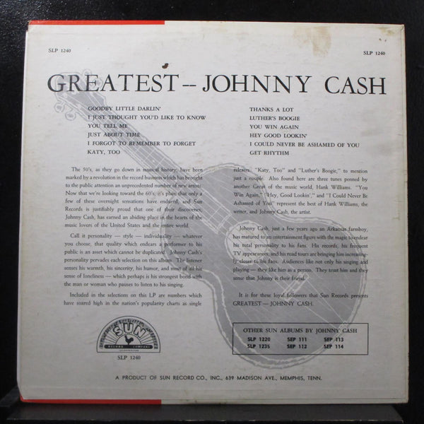 Johnny Cash - Greatest! LP VG+ SUN 1240 Mono Vinyl Record Microgroove Label - Shuga Records