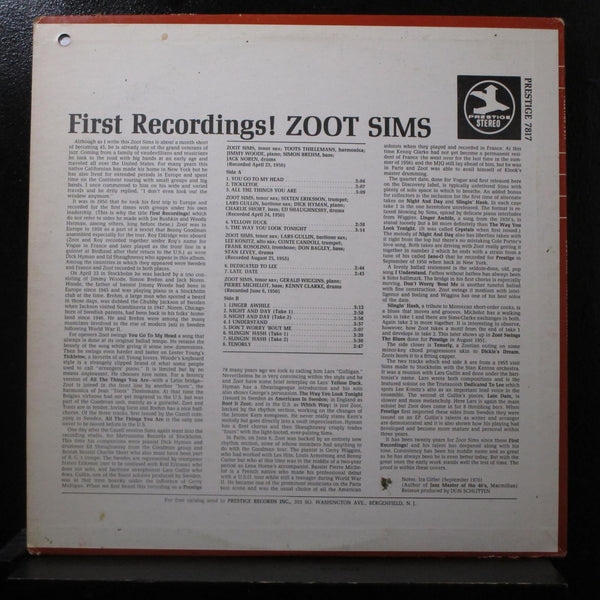 Zoot Sims - First Recordings! LP VG+ PRST 7817 Purple / Blue Label Vinyl Record - Shuga Records