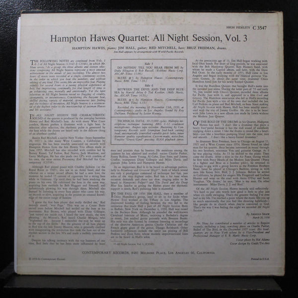 Hampton Hawes Quartet - All Night Sessions, Vol 3 LP VG+ C 3547 1st Yellow Label - Shuga Records