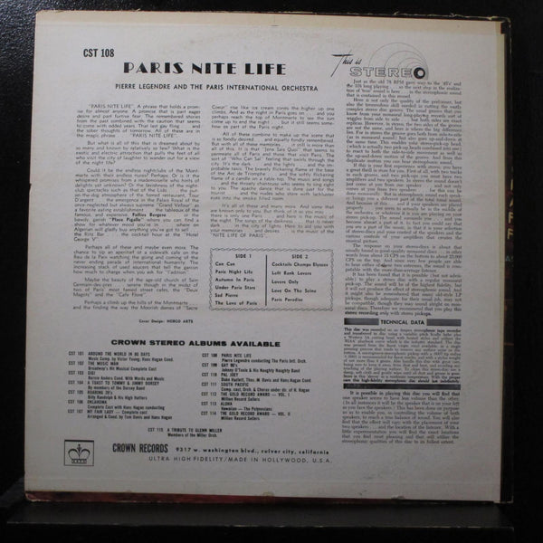 Pierre Legendre - Paris Nite Life LP VG+ CST 108 Red Wax USA 1957 Vinyl Record - Shuga Records