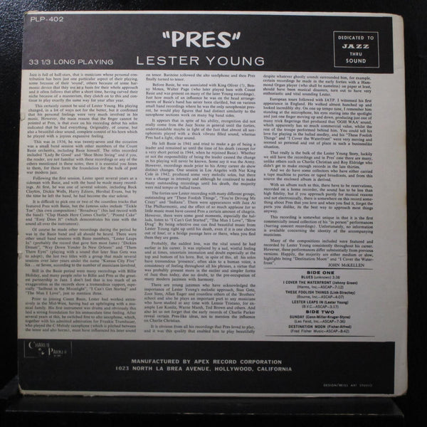 Lester Young - Pres LP VG+ PLP-402 Cream Label USA 1961 Stereo Vinyl Record - Shuga Records