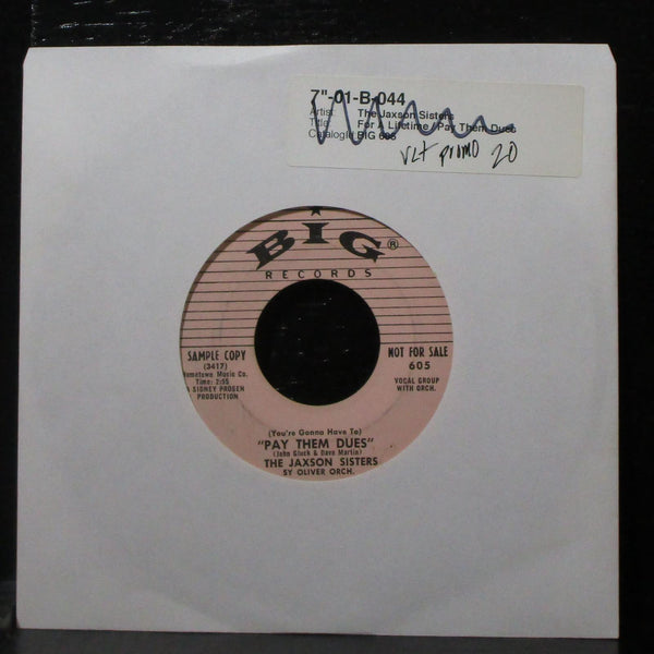 Jaxson Sisters - Pay Them Dues / For A Lifetime 7" VG+ Promo Vinyl 45 Big 605 - Shuga Records