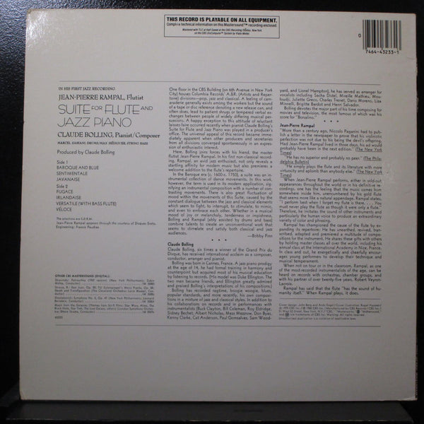 Rampal & Bolling - Suite For Flue & Jazz Piano VG+ Audiophile LP CBS HM 43233 - Shuga Records