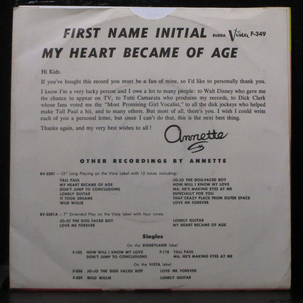 Annette- First Name Initial/ My Heart Became Of Age VG+ Black Label  7" 45F-349 - Shuga Records