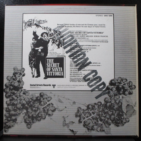 Ernest Gold - The Secret Of Santa Vittoria 12" LP Mint- Promo 1969 UAS 5200 USA - Shuga Records