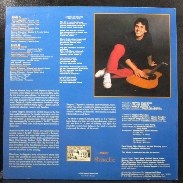 Peppino D'Agostino - Acoustic Spirit  Mint- LP Shanachie 96002 USA 1986 - Shuga Records