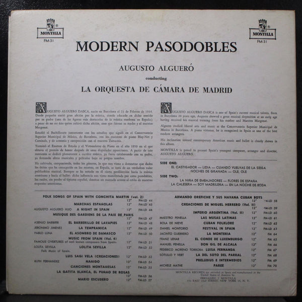 Augusto Alguer - Modern Pasodobles VG Mono LP Montilla FM-31 USA - Shuga Records
