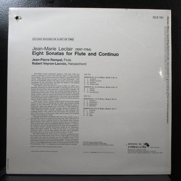 Rampal - Leclair: Eight Sonatas for Flute & Continuo Record 2 sealed LP OLS 151 - Shuga Records