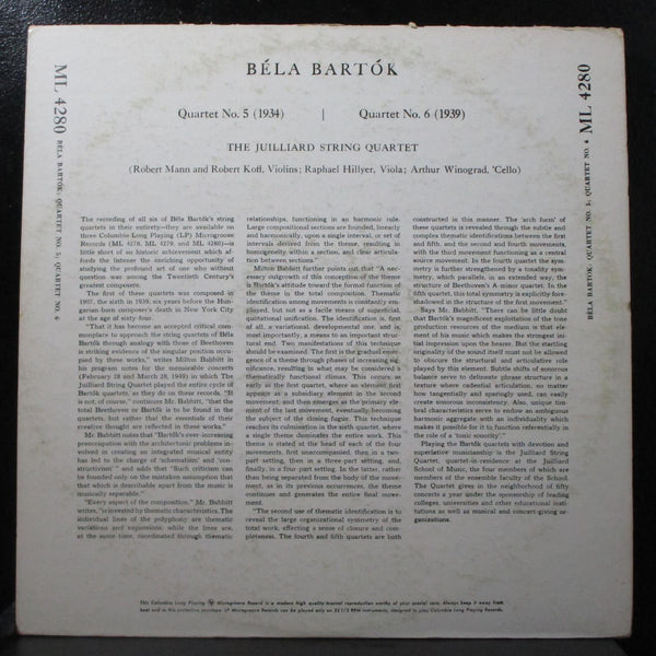 Juliard String Quartet - Bartk Quartet 5, 6 VG+ Mono LP Columbia ML 54280 USA - Shuga Records