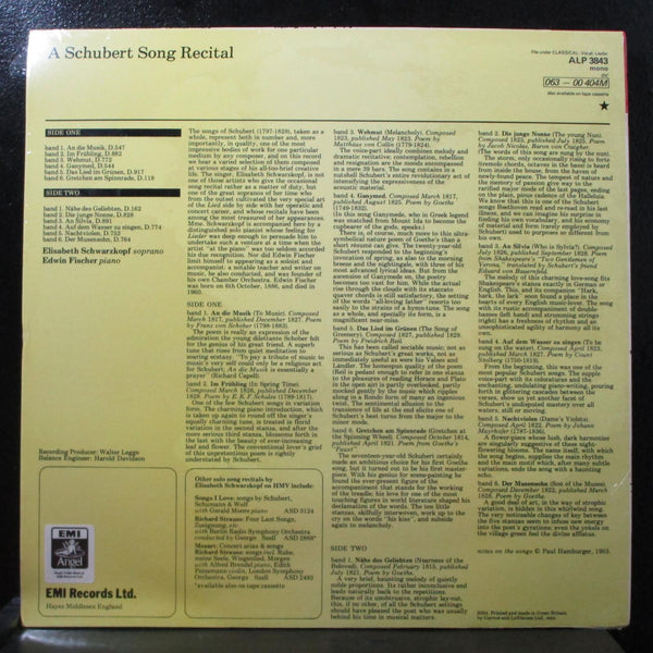 Schwarzkopf, Fischer - Schubert Song Recital sealed LP Vinyl Record ALP 3843 UK - Shuga Records