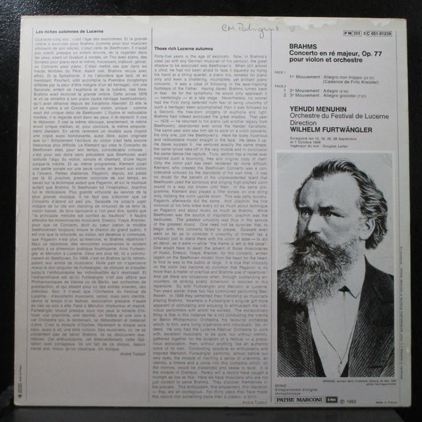 Menuhin - Brahms: Concerto En R Majeur Mint- Mono LP 2C 051-01239 France 1950 - Shuga Records