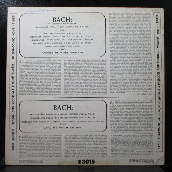 Segovia / Weinrich - Bach: Chaconne / Preludes & Fugues VG+ Mono 1st LP E3015 - Shuga Records