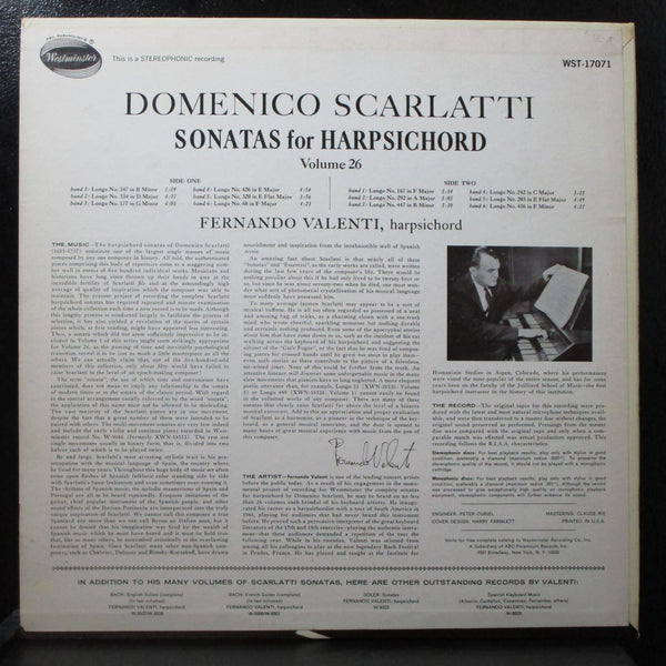 Valenti - Scarlatti: Sonatas For Harpsichord Vol. 26 VG+ LP Westminster WST17071 - Shuga Records