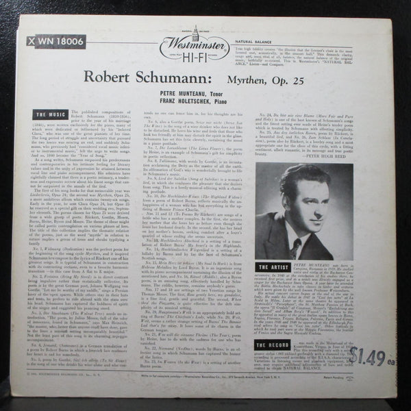 Munteanu - Schumann: Myrthen Song Cycle Op. 25 Mint- Mono LP XWN 18006 - Shuga Records
