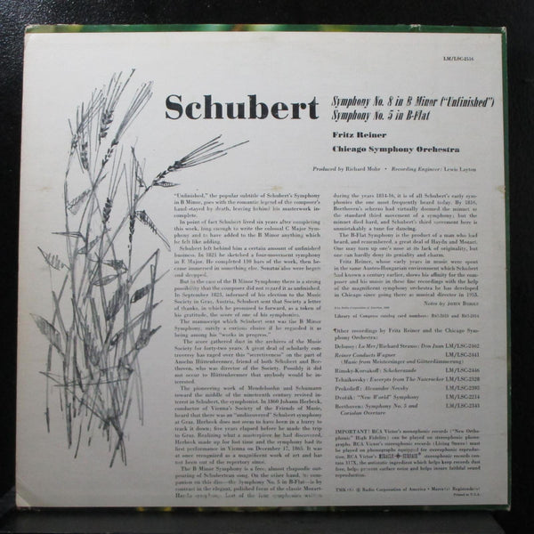 Reiner - Schubert: Symphony No. 8 "Unfinished" VG+ LP RCA LSC-2516 USA 1961 - Shuga Records