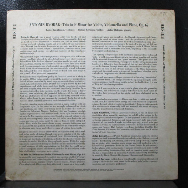 Kaufman - Dvok: Trio in F Minor Op. 65 VG+ Mono LP CHS 1117 USA 1952 - Shuga Records