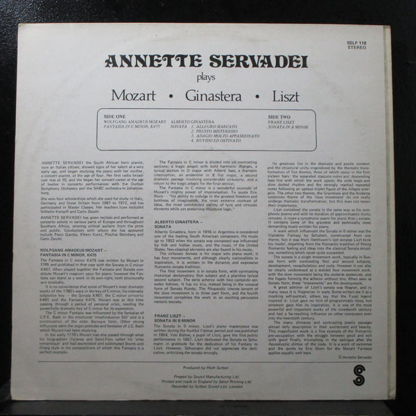 Annette Servadei Plays Mozart Ginastera Liszt Mint- LP Sutton Sound SSLP 118 UK - Shuga Records