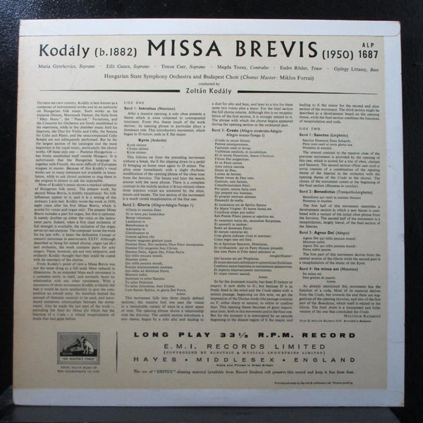 Kodly - Missa Brevis Mint- Mono 1st LP His Master's Voice ALP 1687 UK 1959 - Shuga Records