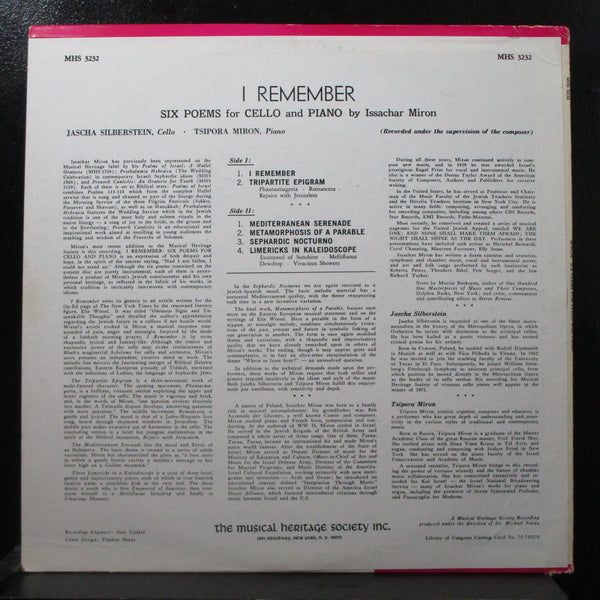 Silberstein - Miron: I Remember Mint- LP Musical Heritage Society MHS 3232 USA - Shuga Records