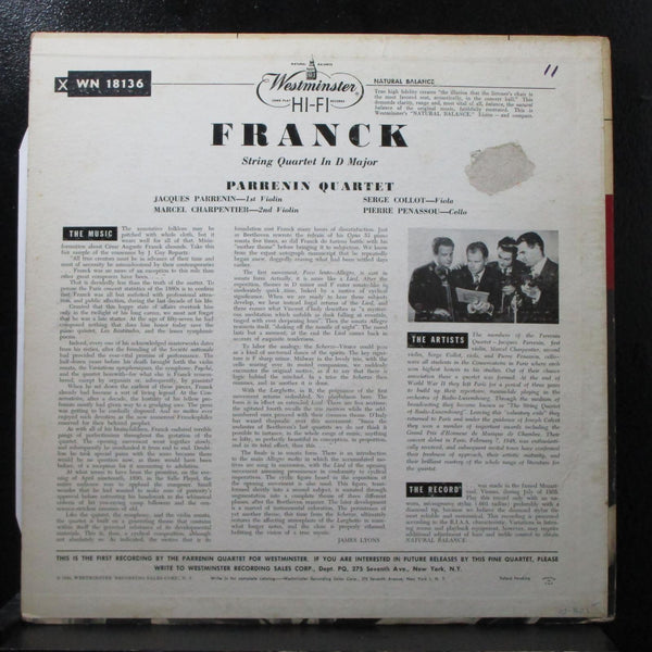 Parrenin Quartet - Franck: String Quartet in D Major VG+ Mono LP WN 18136 USA - Shuga Records