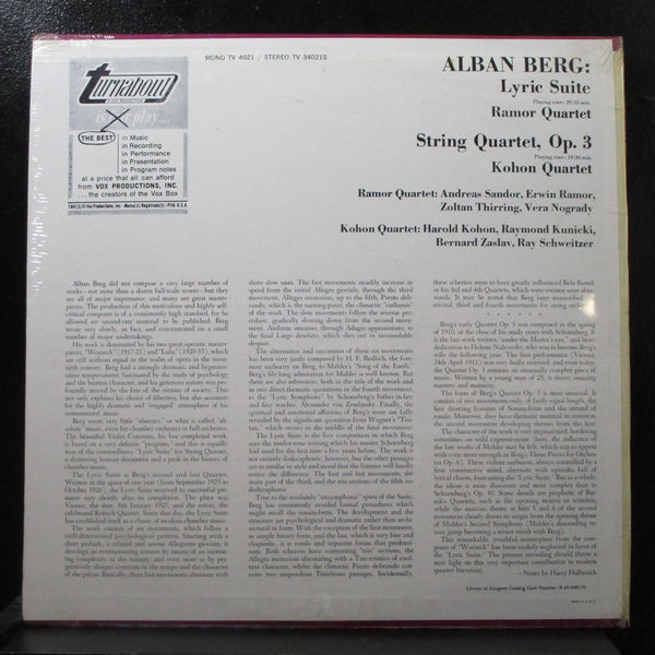 Ramor Quartet - Berg Lyric Suite for String Quartet sealed LP Turnabout TV 4021S - Shuga Records