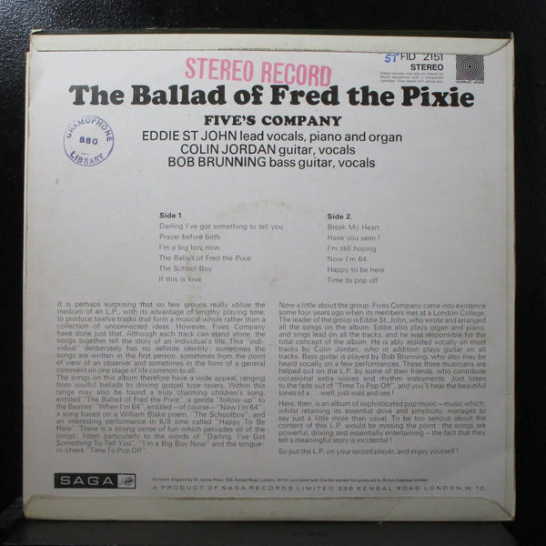 Five's Company - The Ballad Of Fred The Pixie VG+ LP Saga FID 2151 UK 1969 - Shuga Records