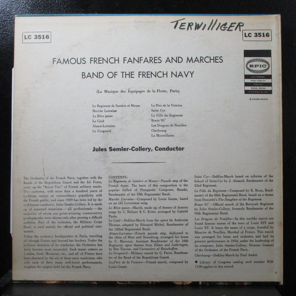 Band Of The French Navy - Famous French Fanfares VG+ Mono LP Epic LC 3516 - Shuga Records