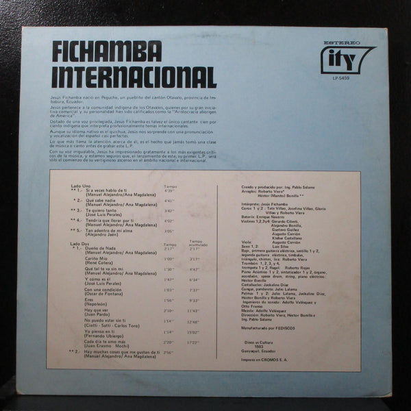 Jess Fichamba - Fichamba Internacional VG+ LP Fediscos S.A. LP-5459 Ecuador - Shuga Records